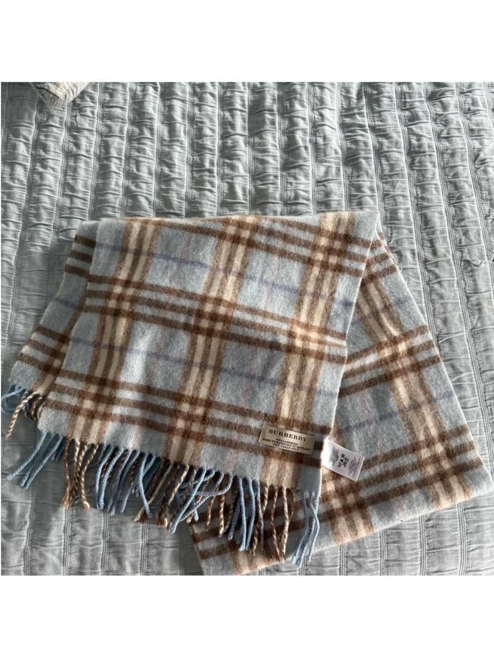 Burberry Light Blue and Tan Plaid Cashmere Scarf